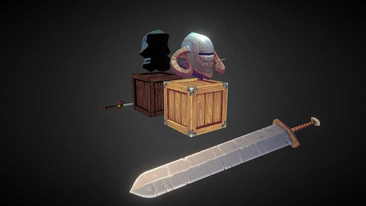Helmets, crates and swords 3D Model