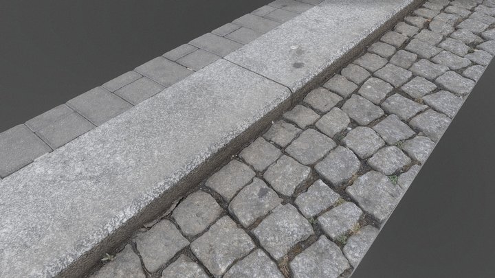 Granite curb, cobblestones road 3D Model