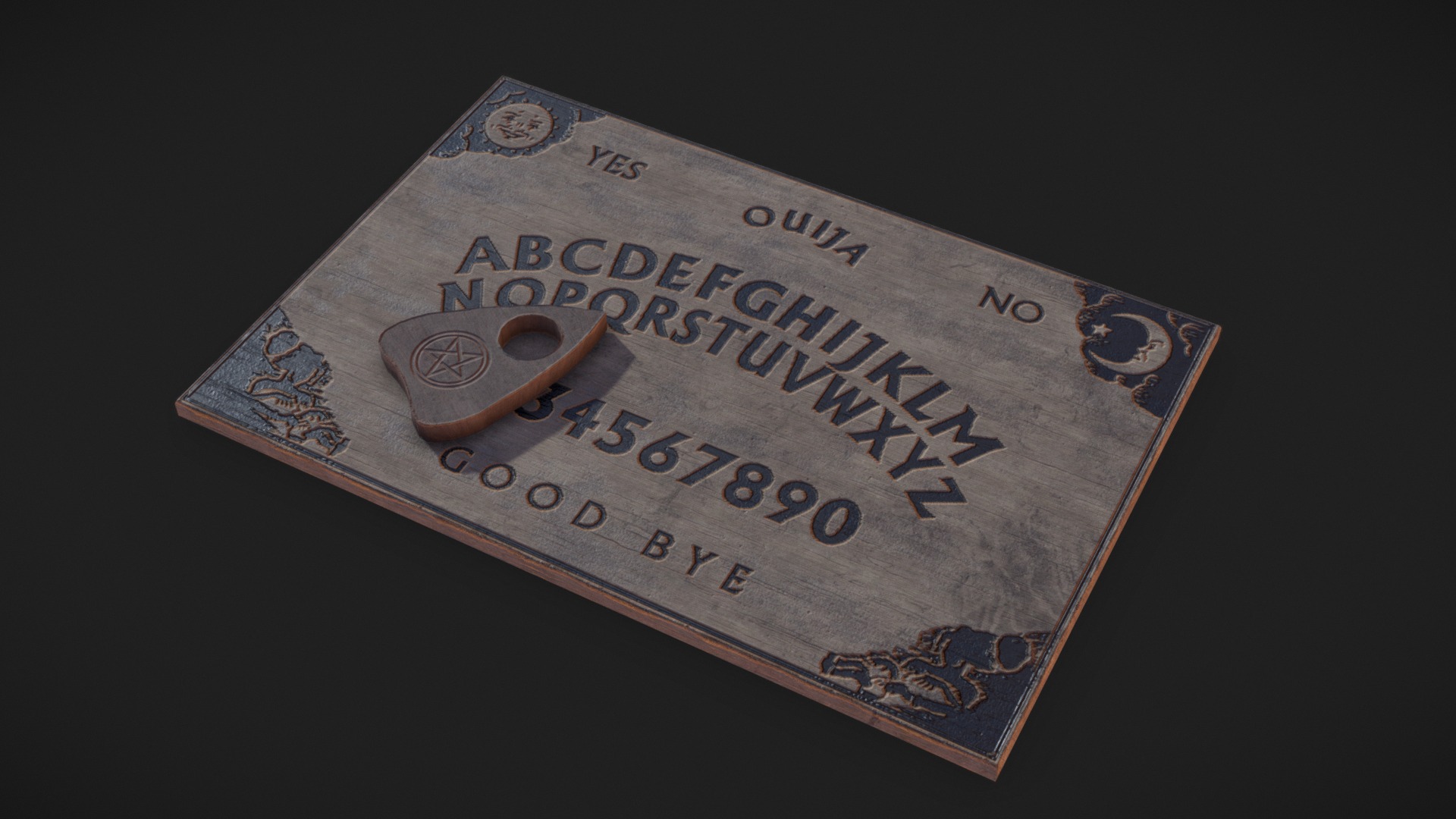 3D model Lowpoly Spirit Table – Ouija - This is a 3D model of the Lowpoly Spirit Table - Ouija. The 3D model is about text, calendar.