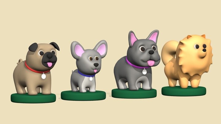 Set of 4 cartoon style dogs 3D Model