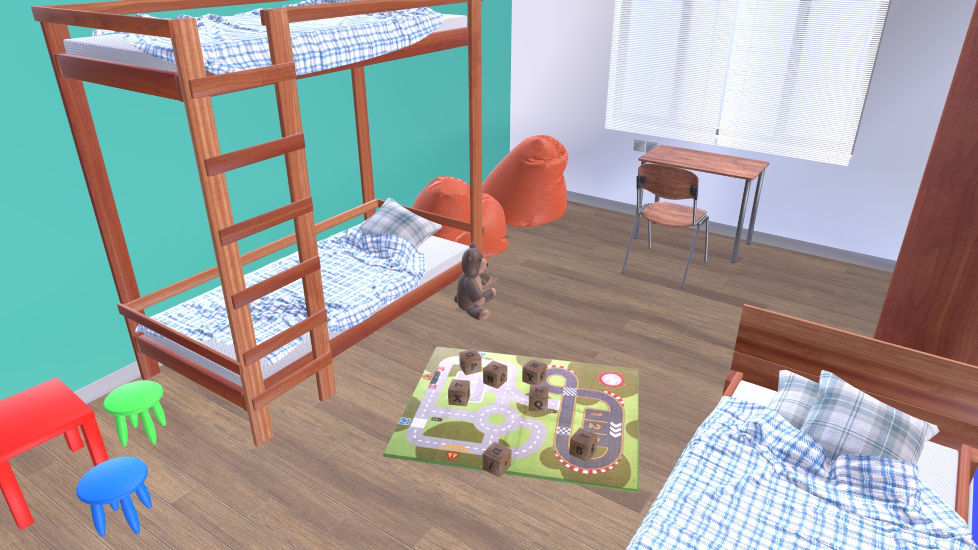 3D model Kids Room – Interior - This is a 3D model of the Kids Room - Interior. The 3D model is about a room with a bed and chairs.