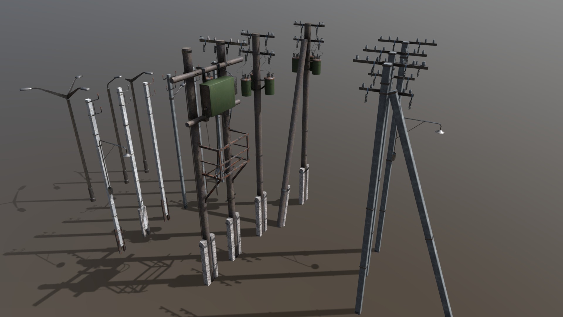 3D model Utility electric poles pack - This is a 3D model of the Utility electric poles pack. The 3D model is about a group of metal poles.
