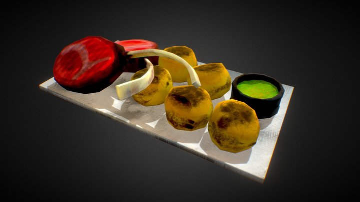 Low Poly Lamb Chops Dish 3D Model