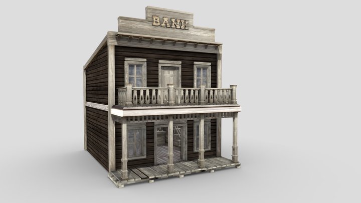 Old Western Bank With Interior Low Poly 3D Model