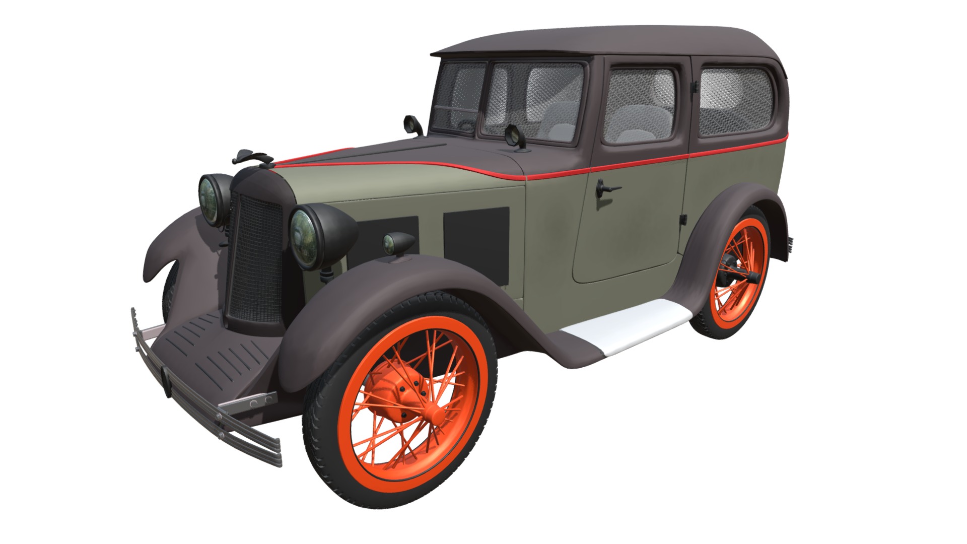 3D model Austin Seven Swallow - This is a 3D model of the Austin Seven Swallow. The 3D model is about a small car with orange wheels.