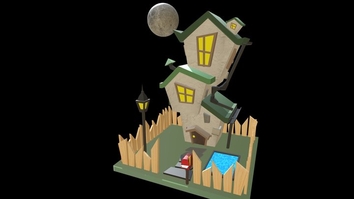 (FREE) Cartoon House with Moon 3D Model