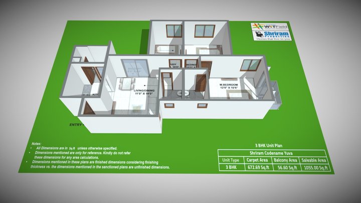 3 BHK - Shriram WYT Field 3D Model
