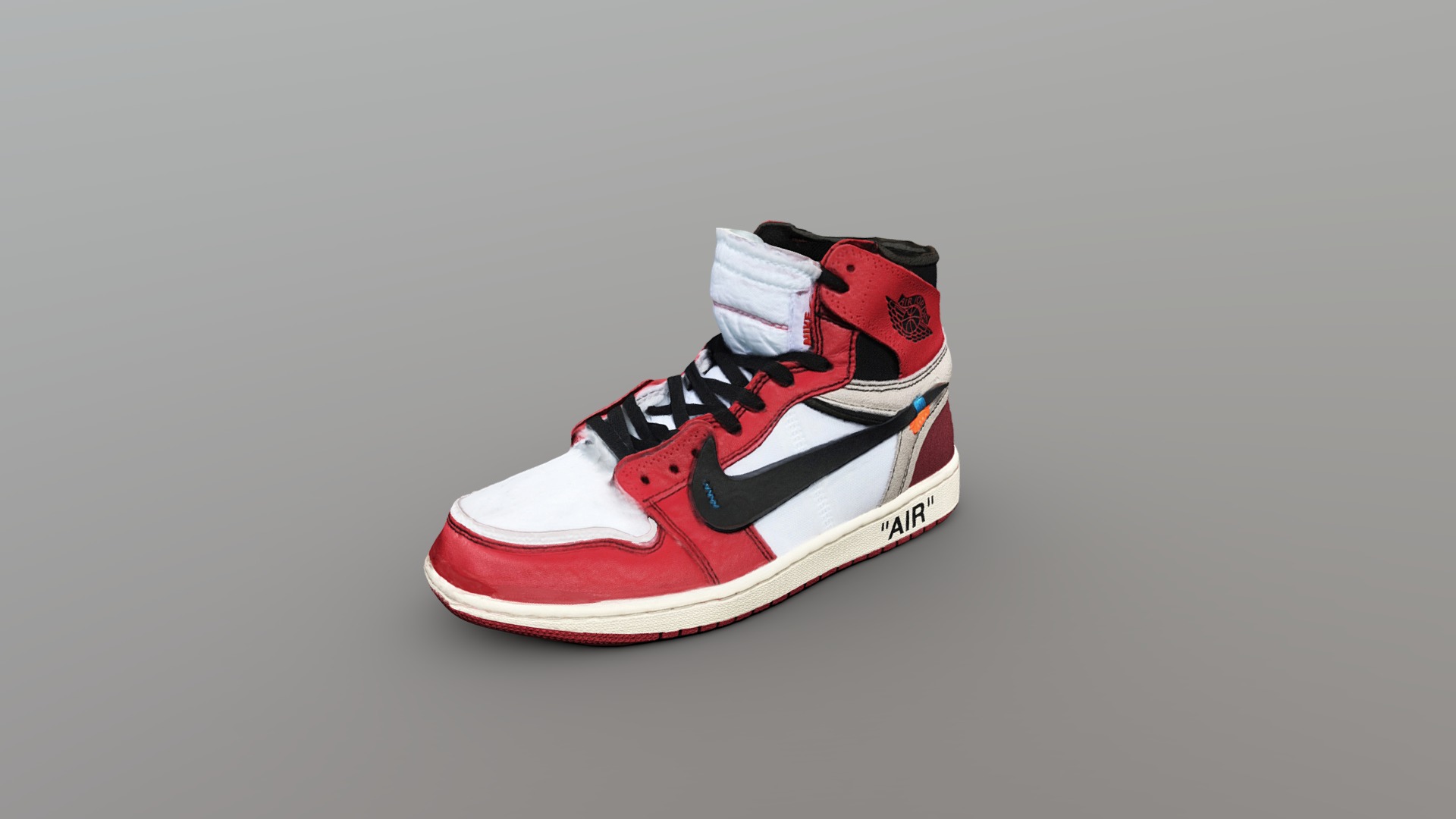 3D model Off-White x Nike Air Jordan 1 Shoe - This is a 3D model of the Off-White x Nike Air Jordan 1 Shoe. The 3D model is about a pair of red and white sneakers.