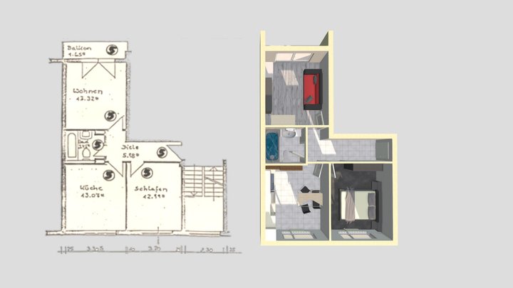 2 room apartment w/ small balcony 3D Model