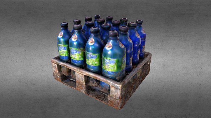 Retro glass milk bottles with wood box and glass 3D model