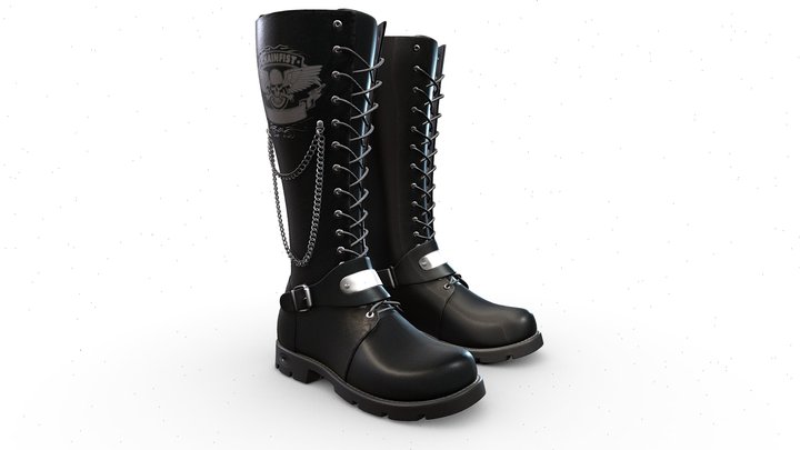 Chains Decorated Black Punk Boots 3D Model