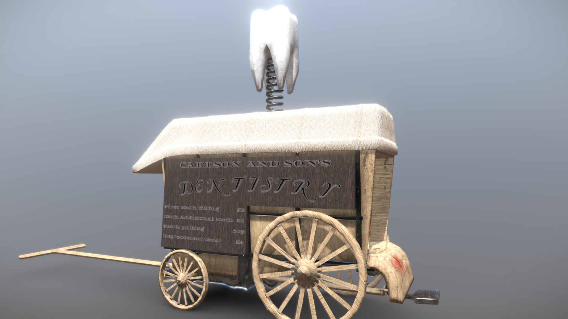 3D model Victorian Dentist Cart - This is a 3D model of the Victorian Dentist Cart. The 3D model is about a cart with a sign on it.