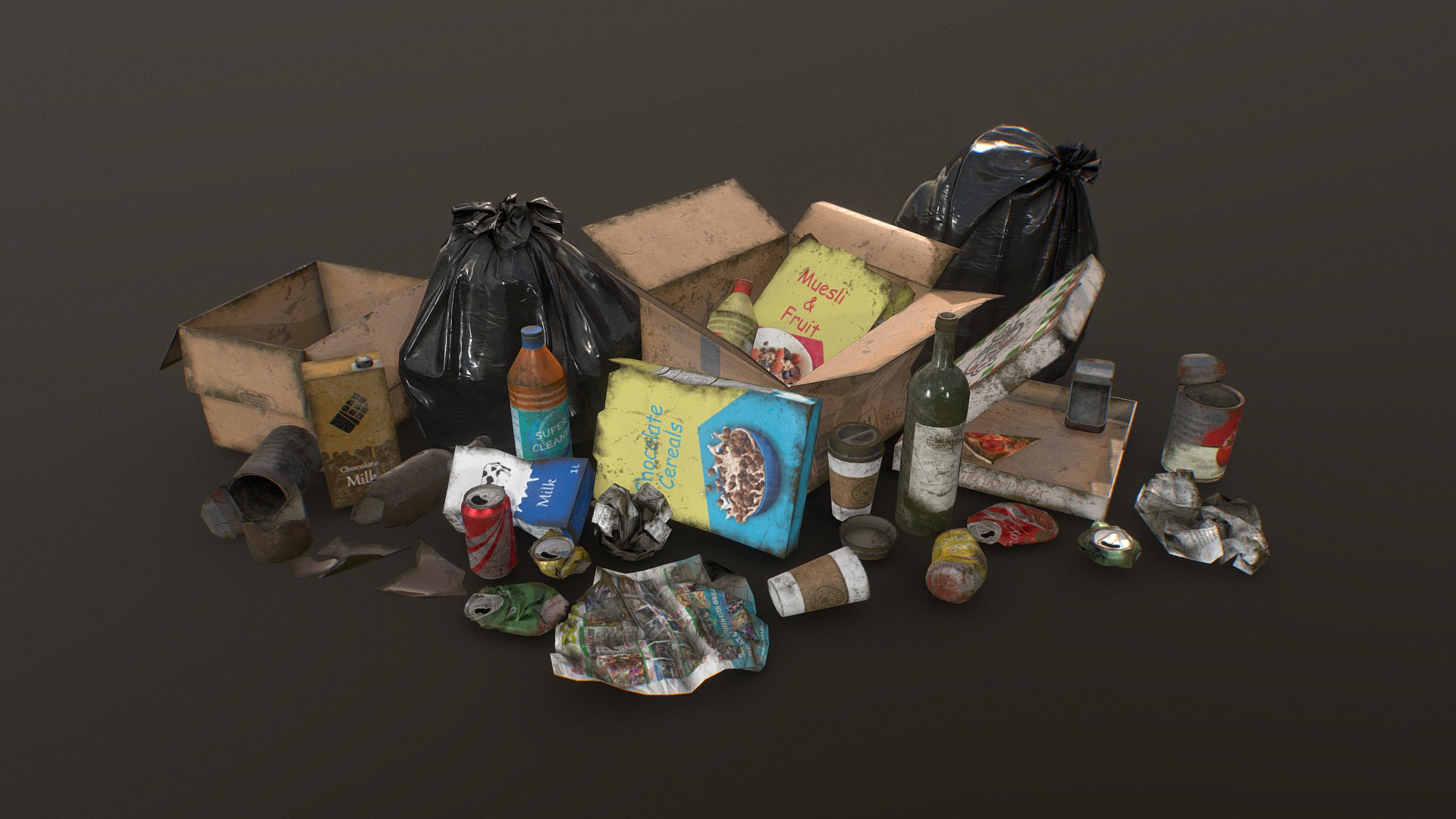 3D model Urban Trash & Garbage Bags – Low Poly - This is a 3D model of the Urban Trash & Garbage Bags - Low Poly. The 3D model is about a group of objects on a surface.