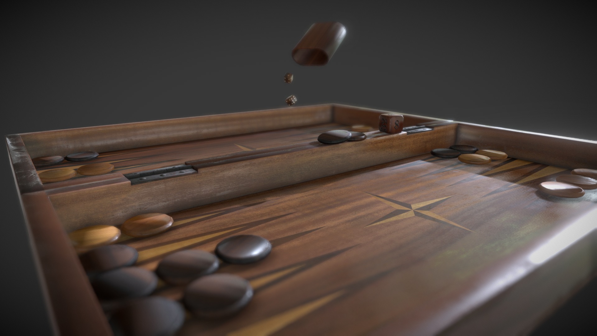 3D model Backgammon Set - This is a 3D model of the Backgammon Set. The 3D model is about a wooden board with coins on it.