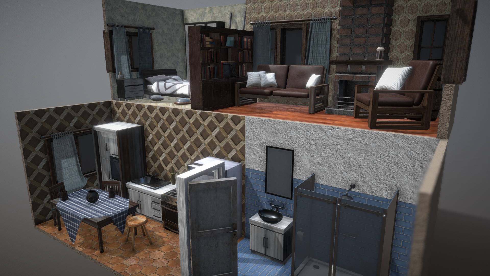 3D model Rooms - This is a 3D model of the Rooms. The 3D model is about a room with a fireplace and furniture.