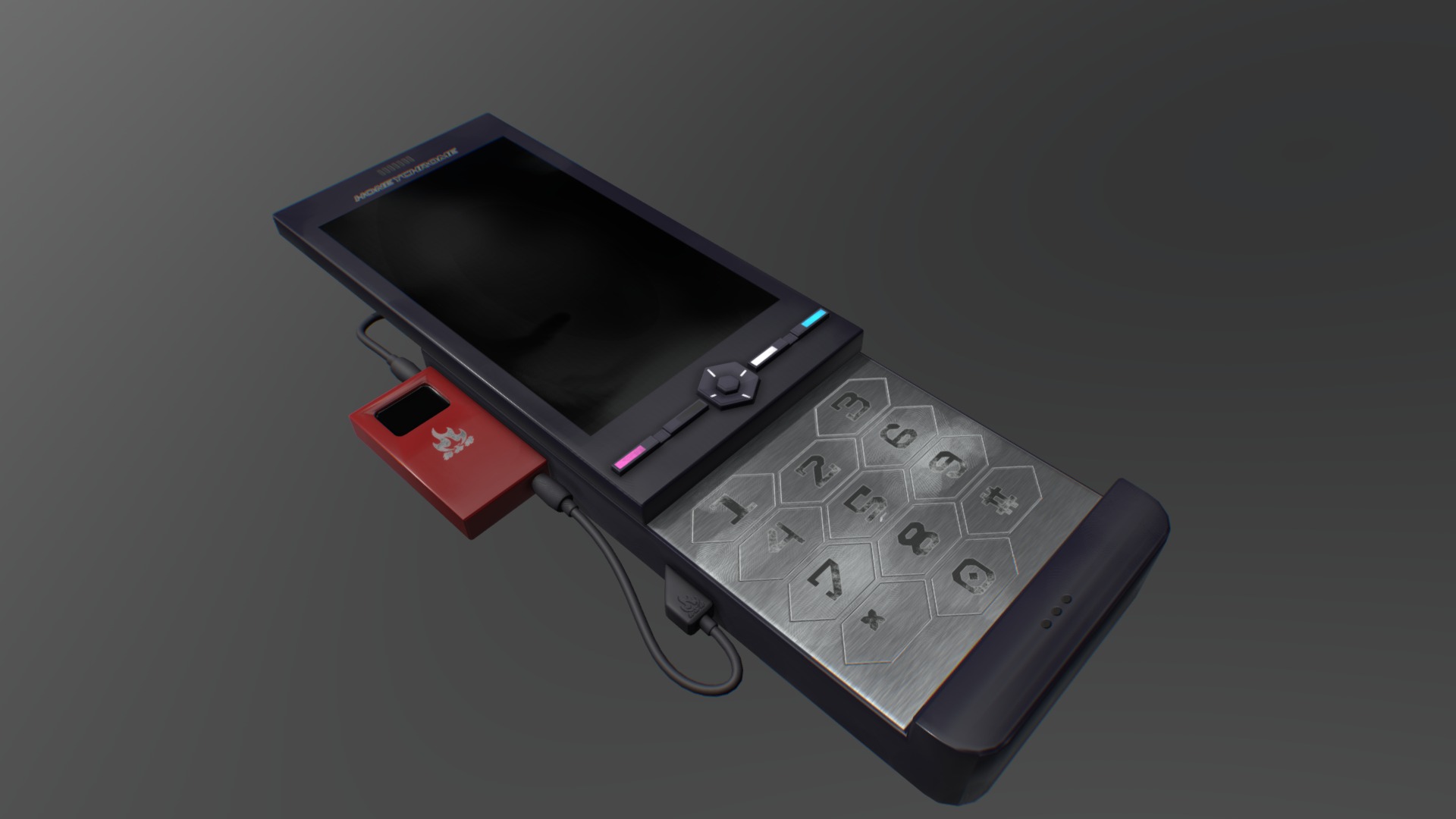 3D model Cyberpunk Cell Phone - This is a 3D model of the Cyberpunk Cell Phone. The 3D model is about a black and silver electronic device.