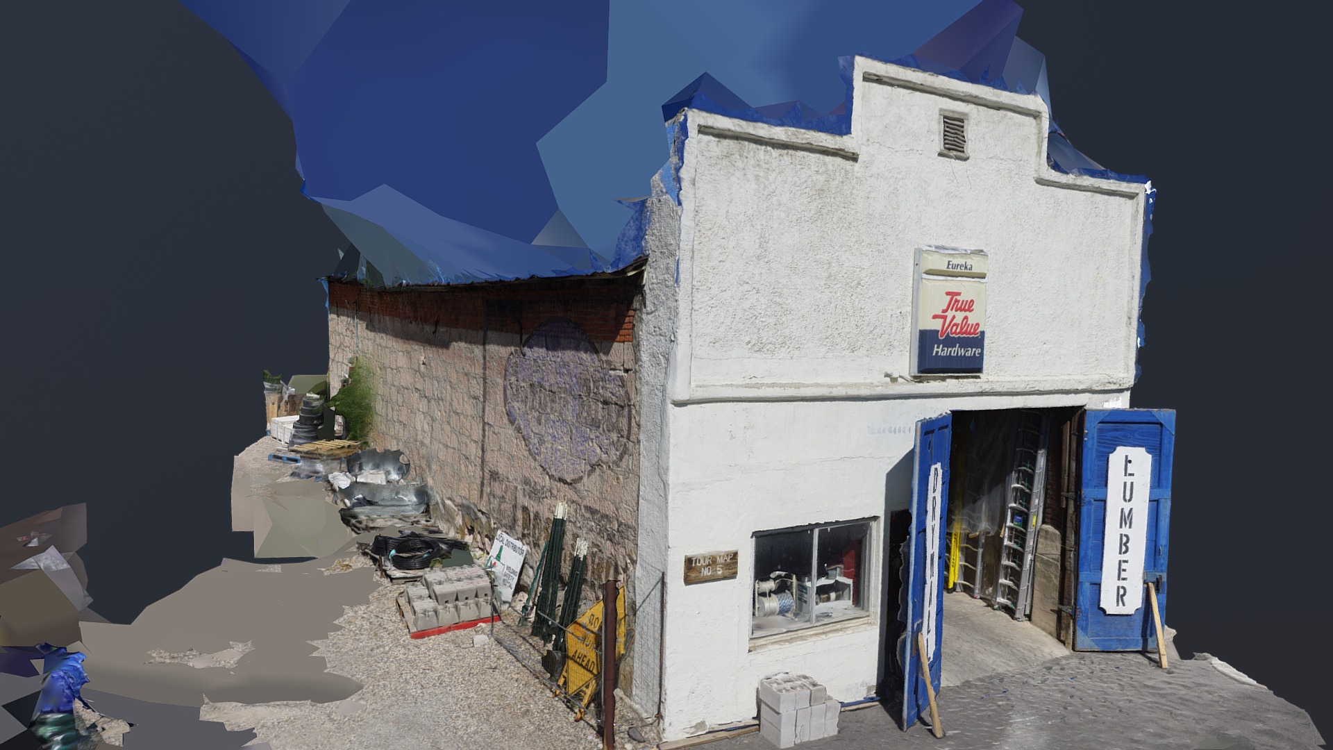 3D model Eureka Nevada Hardware Store Anex. - This is a 3D model of the Eureka Nevada Hardware Store Anex.. The 3D model is about a white building with a blue sign.
