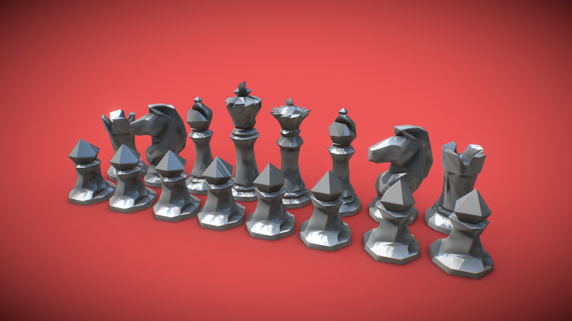 3D model Faceted Chess Set for 3D Printing - This is a 3D model of the Faceted Chess Set for 3D Printing. The 3D model is about a chess board with black pieces.