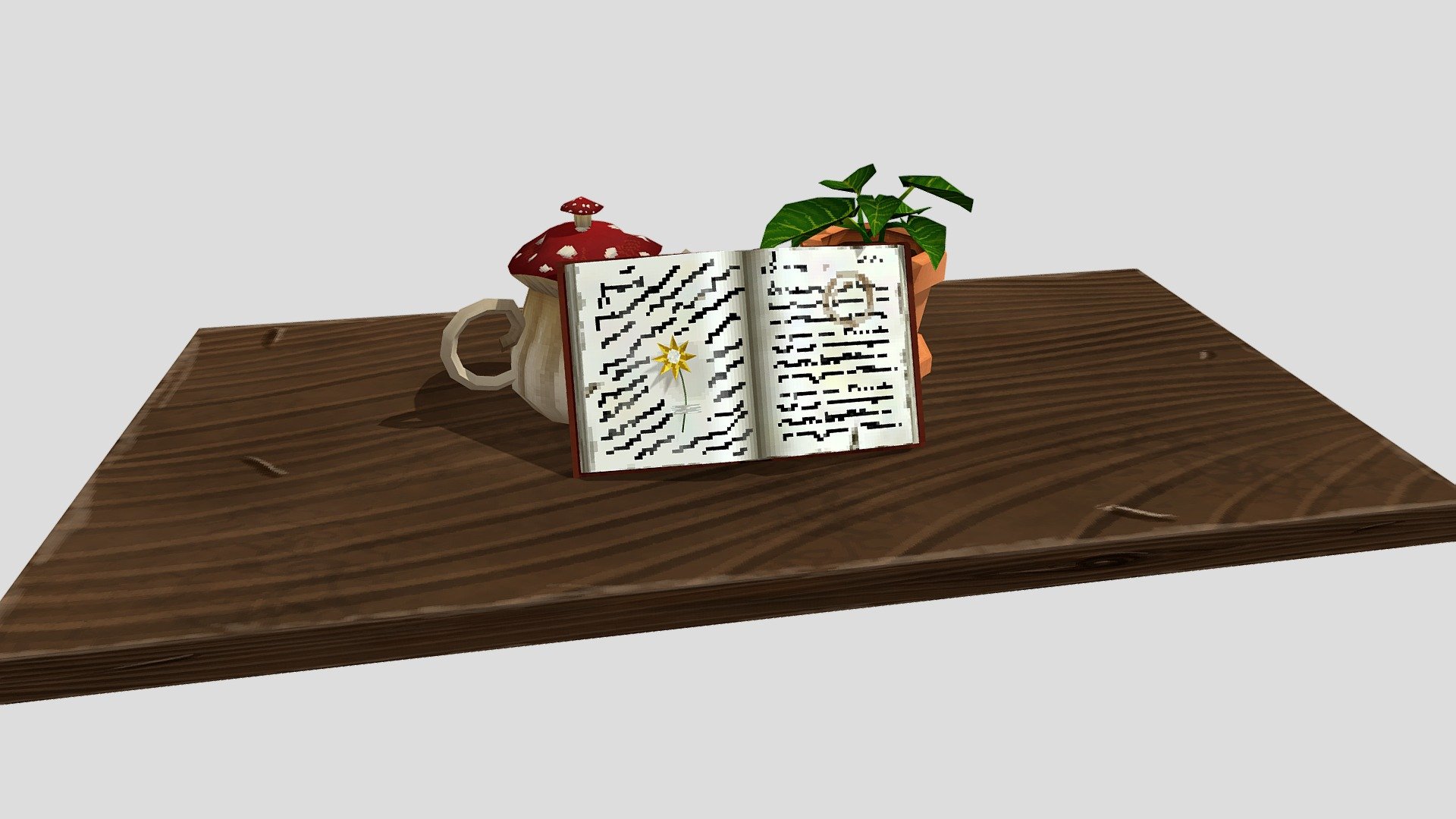 Cottage Teapot, Book and Pot Plant