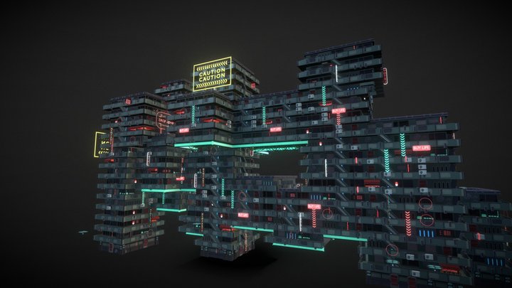 Procedurally made Cyberpunk building 3D Model