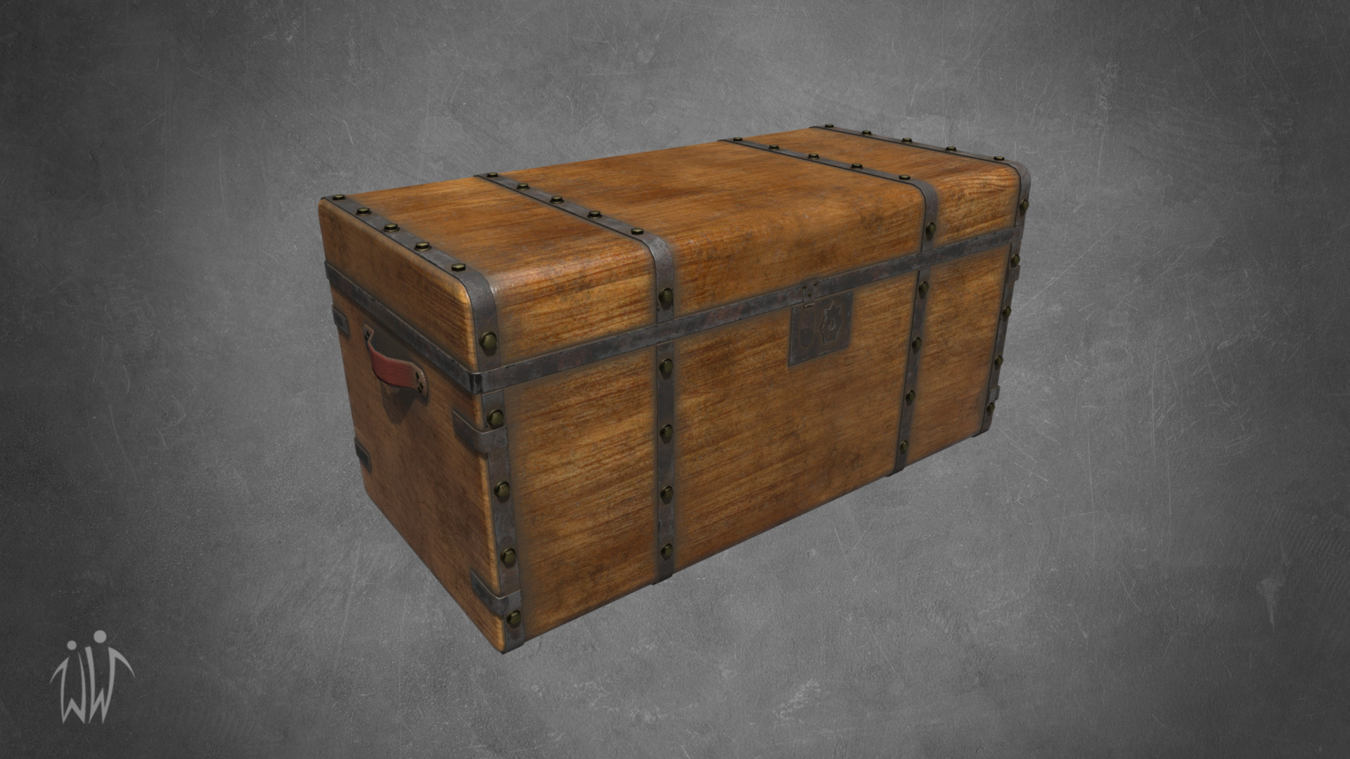 3D model Old Chest - This is a 3D model of the Old Chest. The 3D model is about a wooden box on a grey surface.