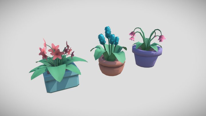 3 Low-Poly Flower Pots 3D Model