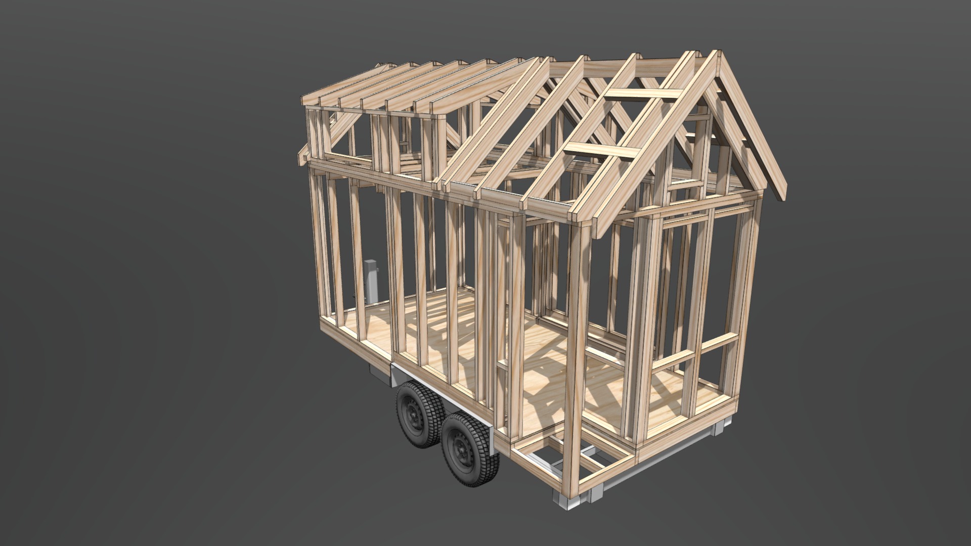 3D model 16x8_Frame_TinyHome - This is a 3D model of the 16x8_Frame_TinyHome. The 3D model is about a wooden structure on a trailer.