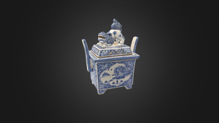 染付窓抜山水文香炉【動画付き】 3D Model