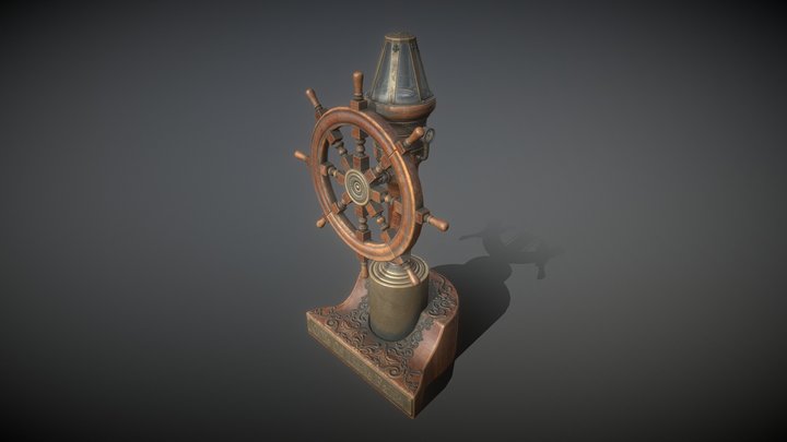 Ship's Steering Wheel & Compass Mounted Binnacle 3D Model