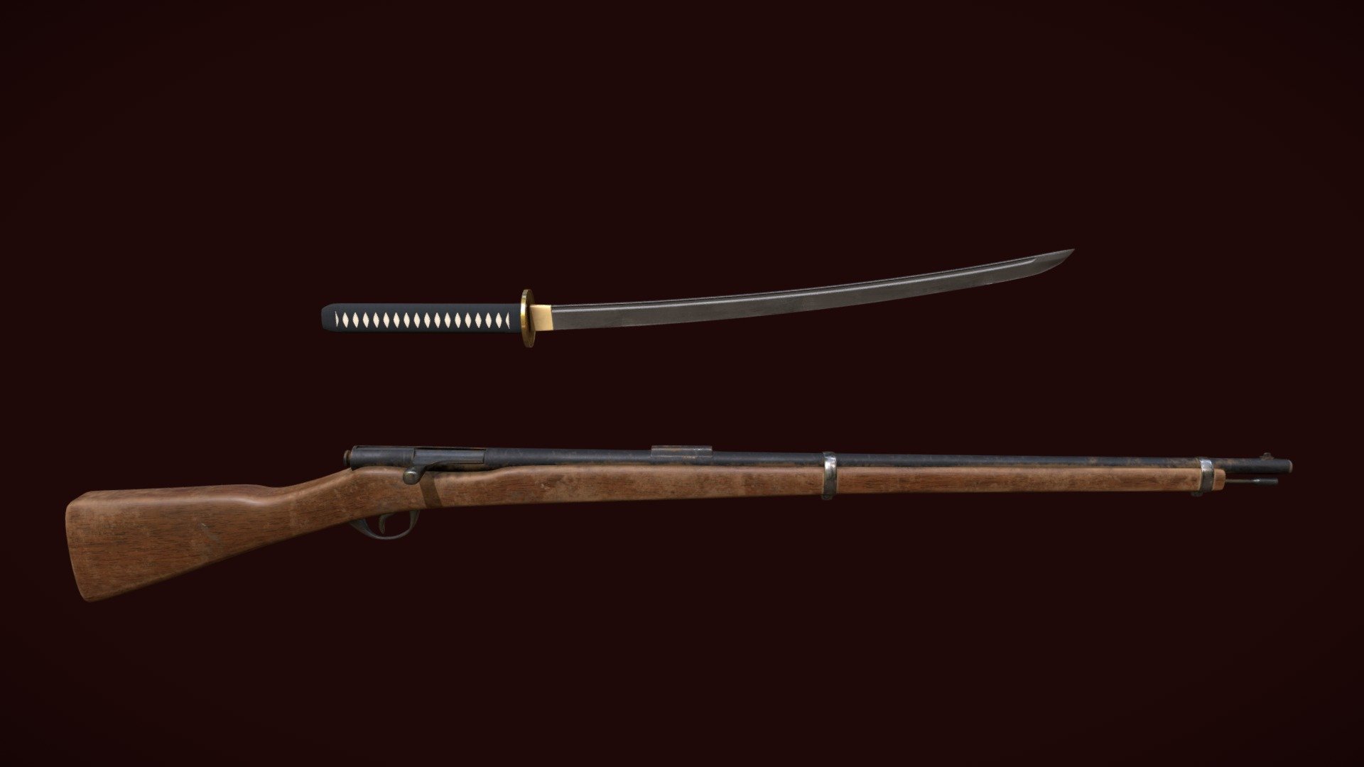 Katana and early Japanese rifle