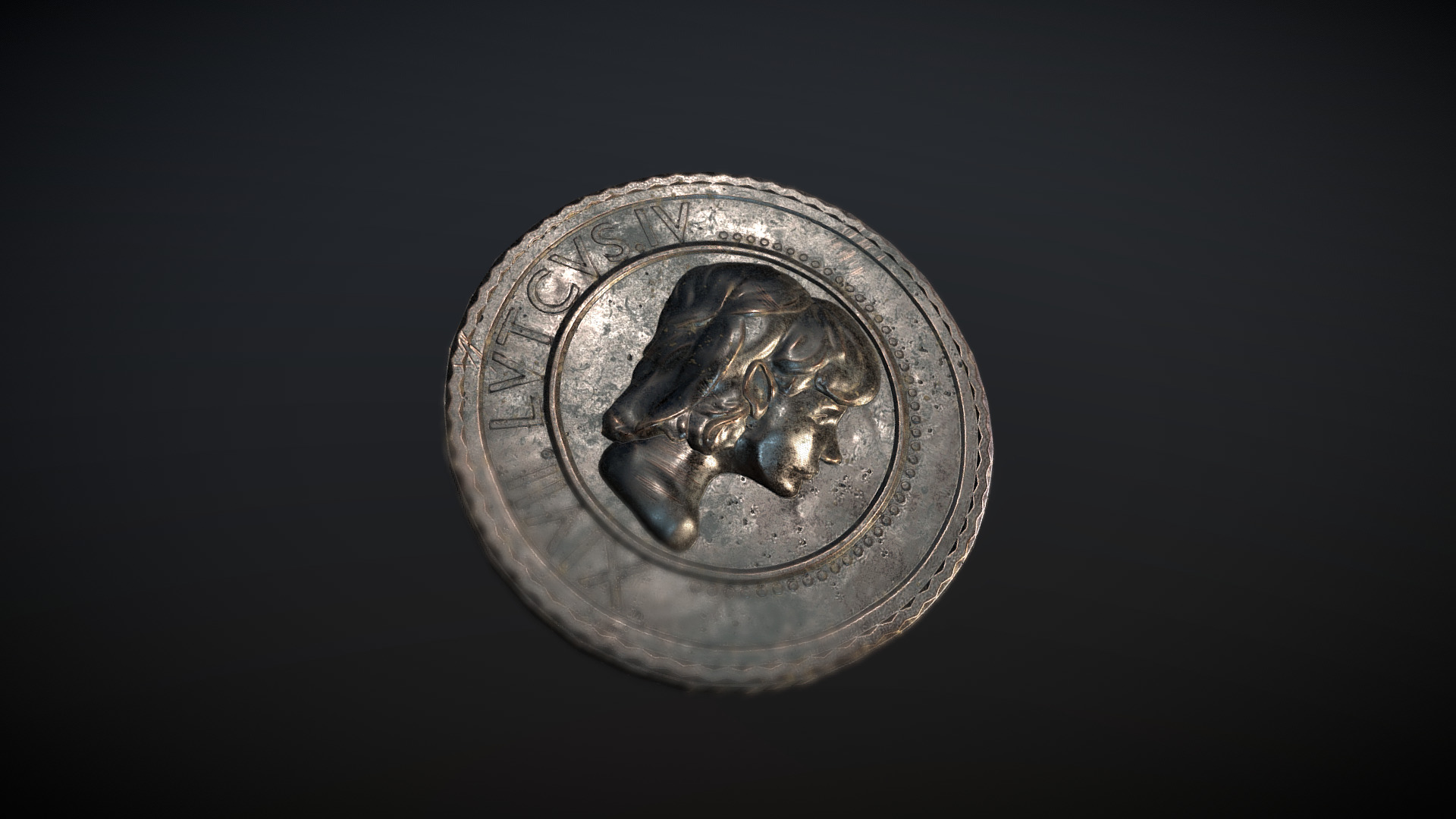 3D model Coin lowpoly game asset - This is a 3D model of the Coin lowpoly game asset. The 3D model is about a silver coin with a face on it.