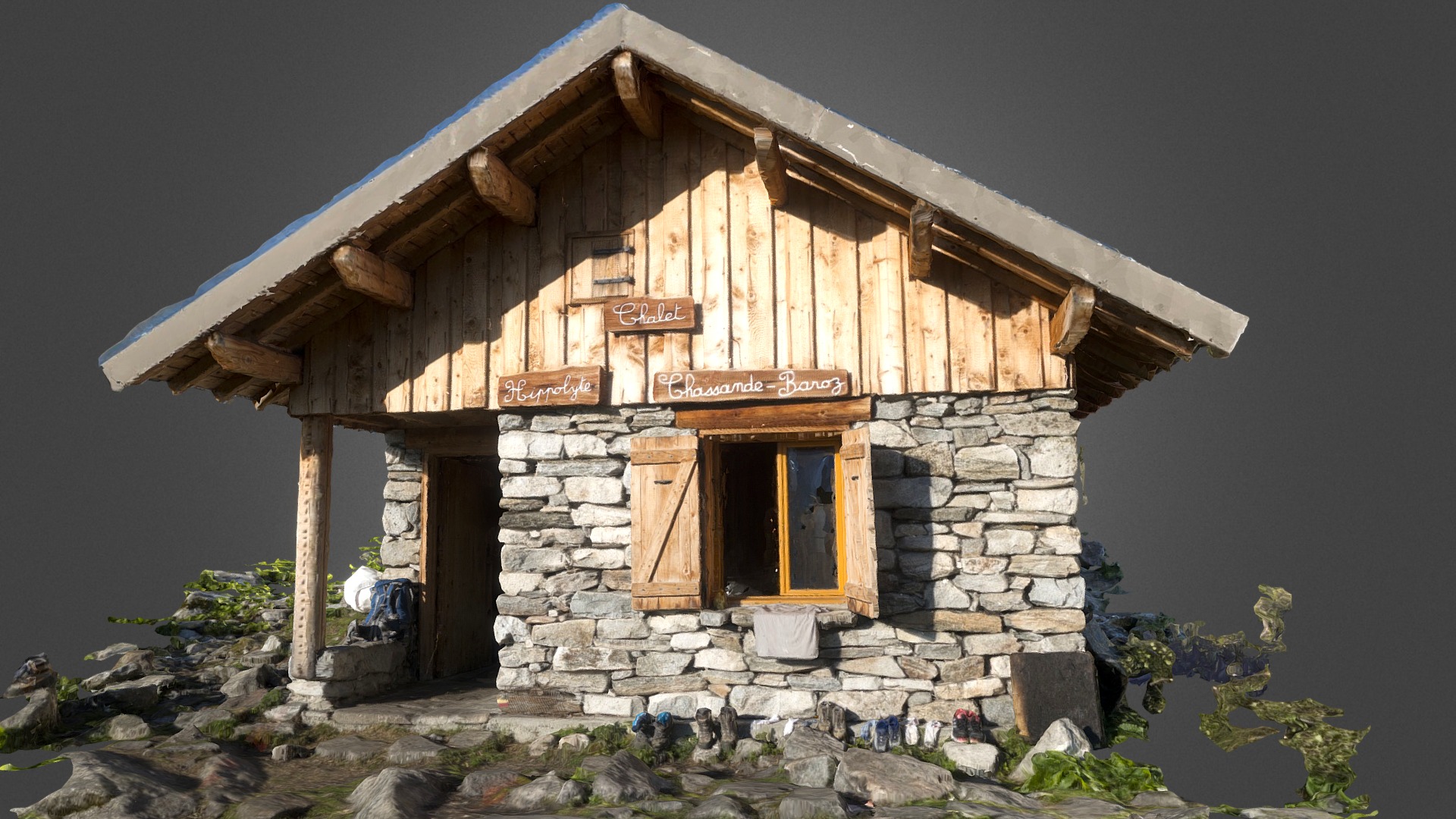 3D model Chalet Hippolyte Chassande Baroz - This is a 3D model of the Chalet Hippolyte Chassande Baroz. The 3D model is about a small stone building.