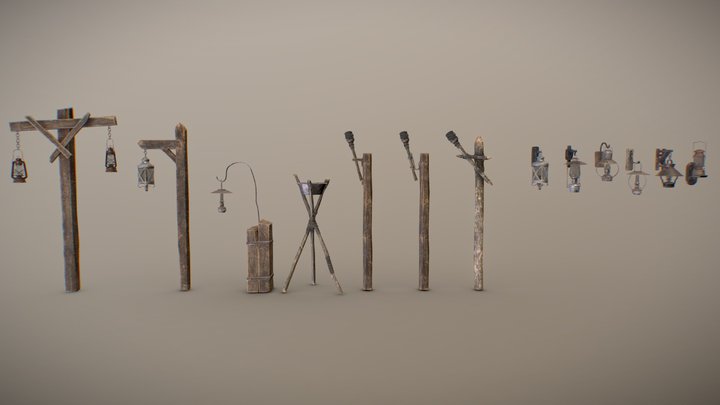 Wooden Post, Wall Light supports and Oil Lamps 3D Model