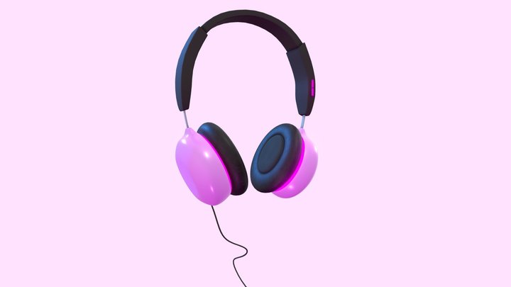 Cute pink glowing headphones with cable 3D Model