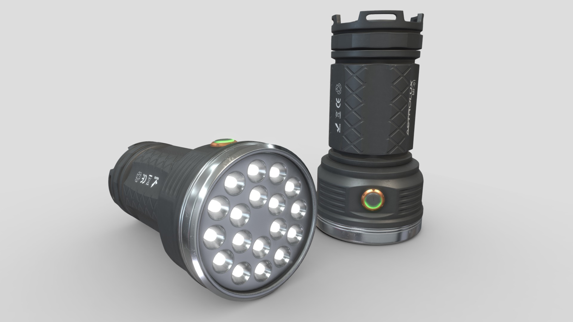3D model Flashlight Astrolux MF01 - This is a 3D model of the Flashlight Astrolux MF01. The 3D model is about a couple of black and silver camera lenses.