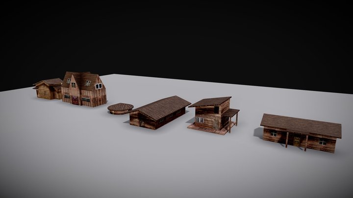 Low Poly Huts and houses 3D Model