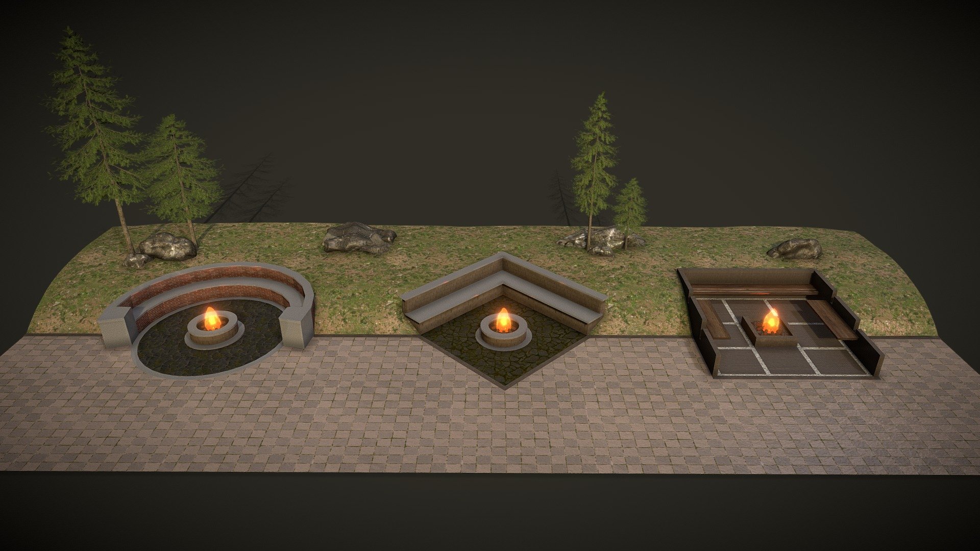 Fire Pits (Hill, Rock, Tree, Fire, Charcoal)