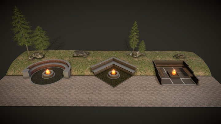 Fire Pits (Hill, Rock, Tree, Fire, Charcoal) 3D Model
