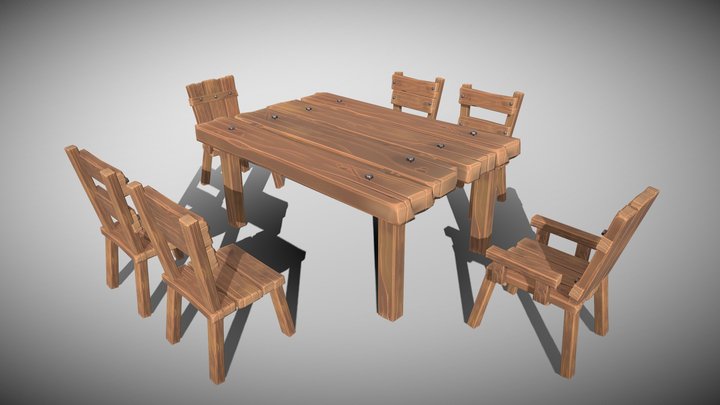 Stylized Dining Table and Chairs 3D Model