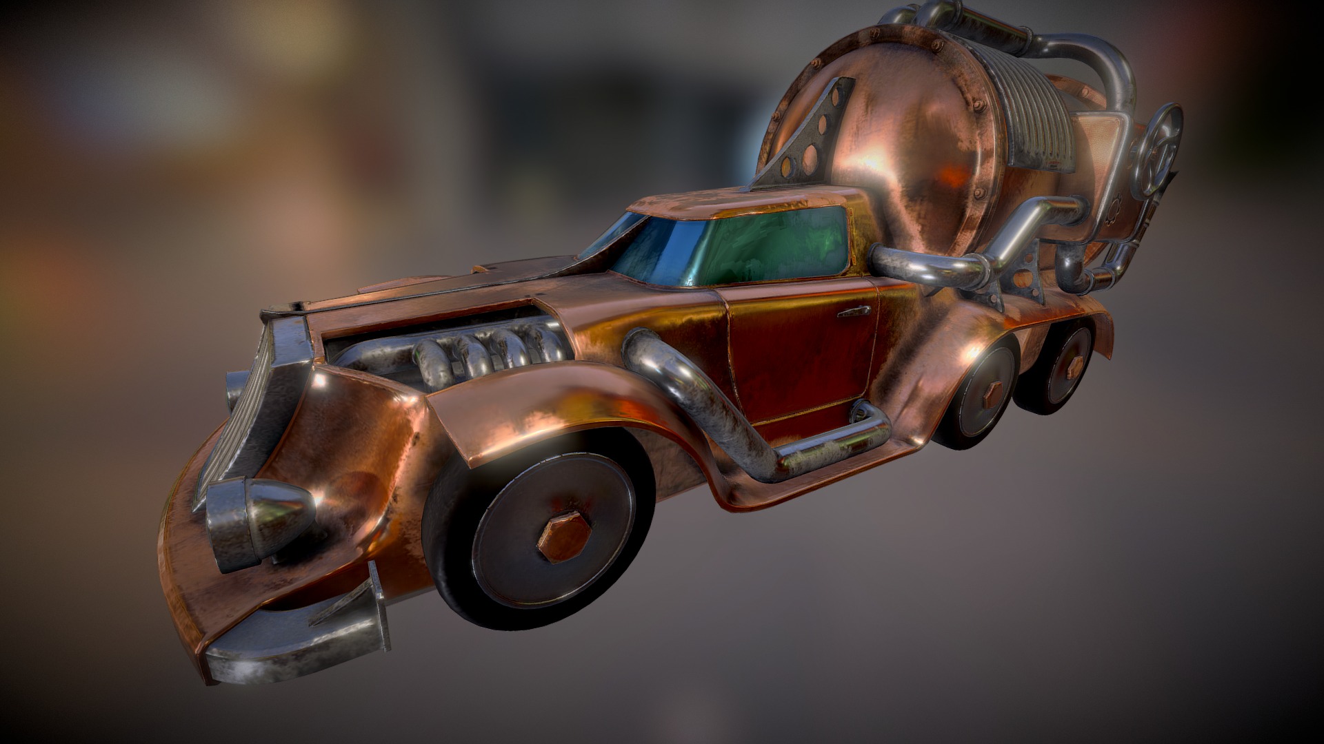 3D model Car steampunk PBR lowpoly - This is a 3D model of the Car steampunk PBR lowpoly. The 3D model is about a toy robot with a gun.