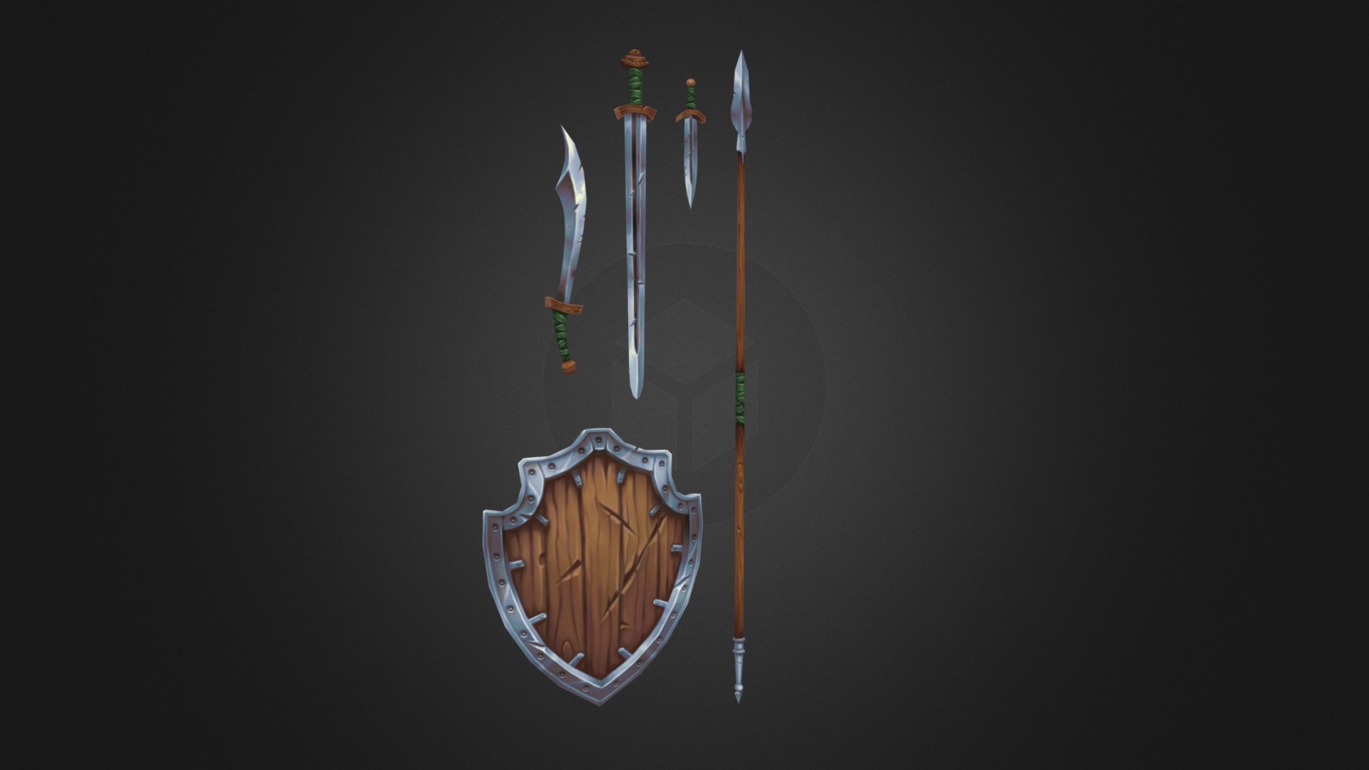 3D model shield and weapons - This is a 3D model of the shield and weapons. The 3D model is about a group of colorful objects.