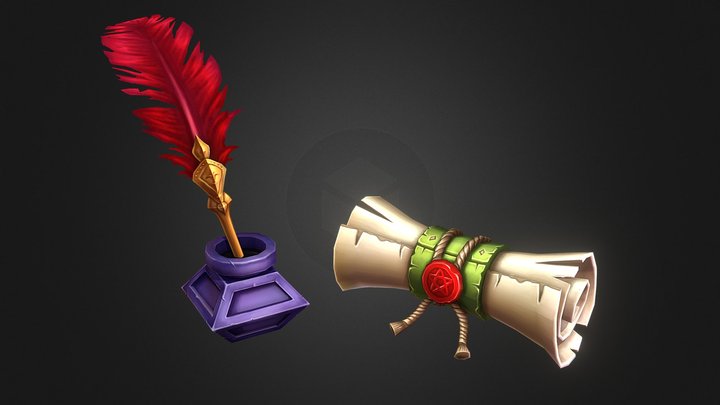Stylized feather pen & parchment paper 3D Model