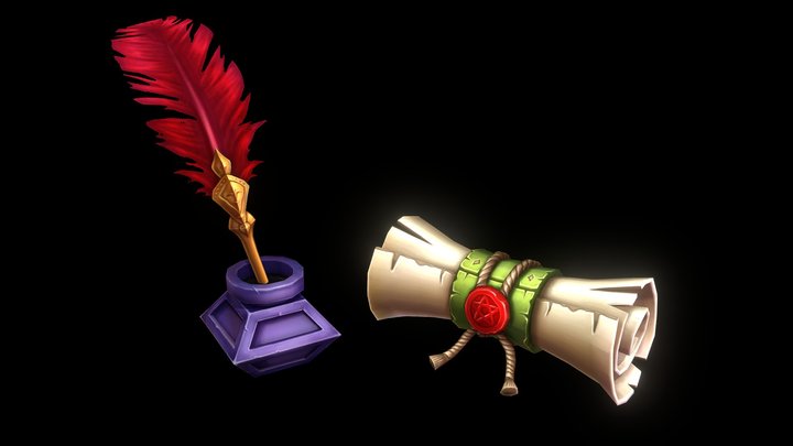 Stylized feather pen & parchment paper 3D Model