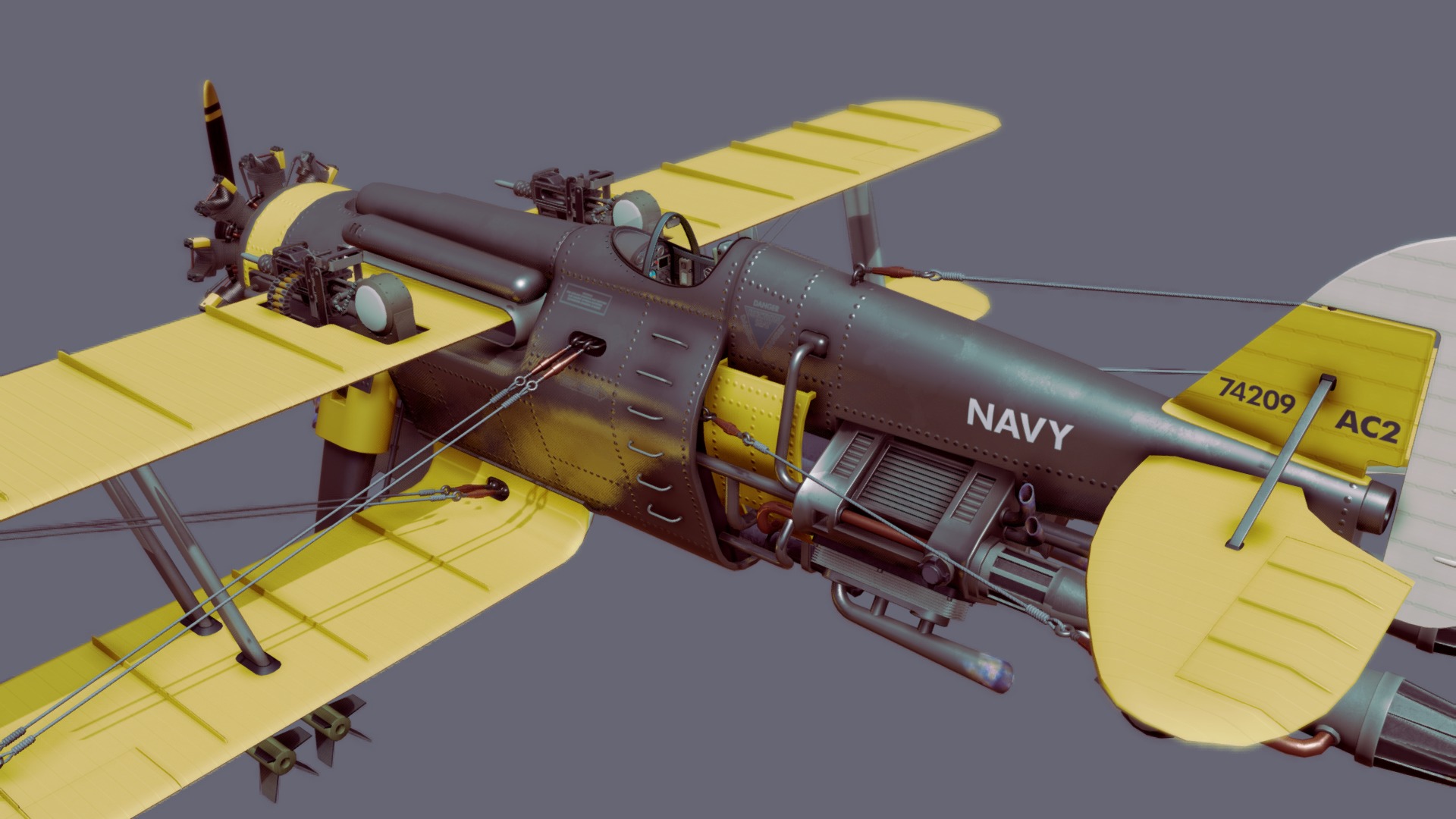 3D model Dieselpunk Bi-Plane - This is a 3D model of the Dieselpunk Bi-Plane. The 3D model is about a yellow and black airplane.