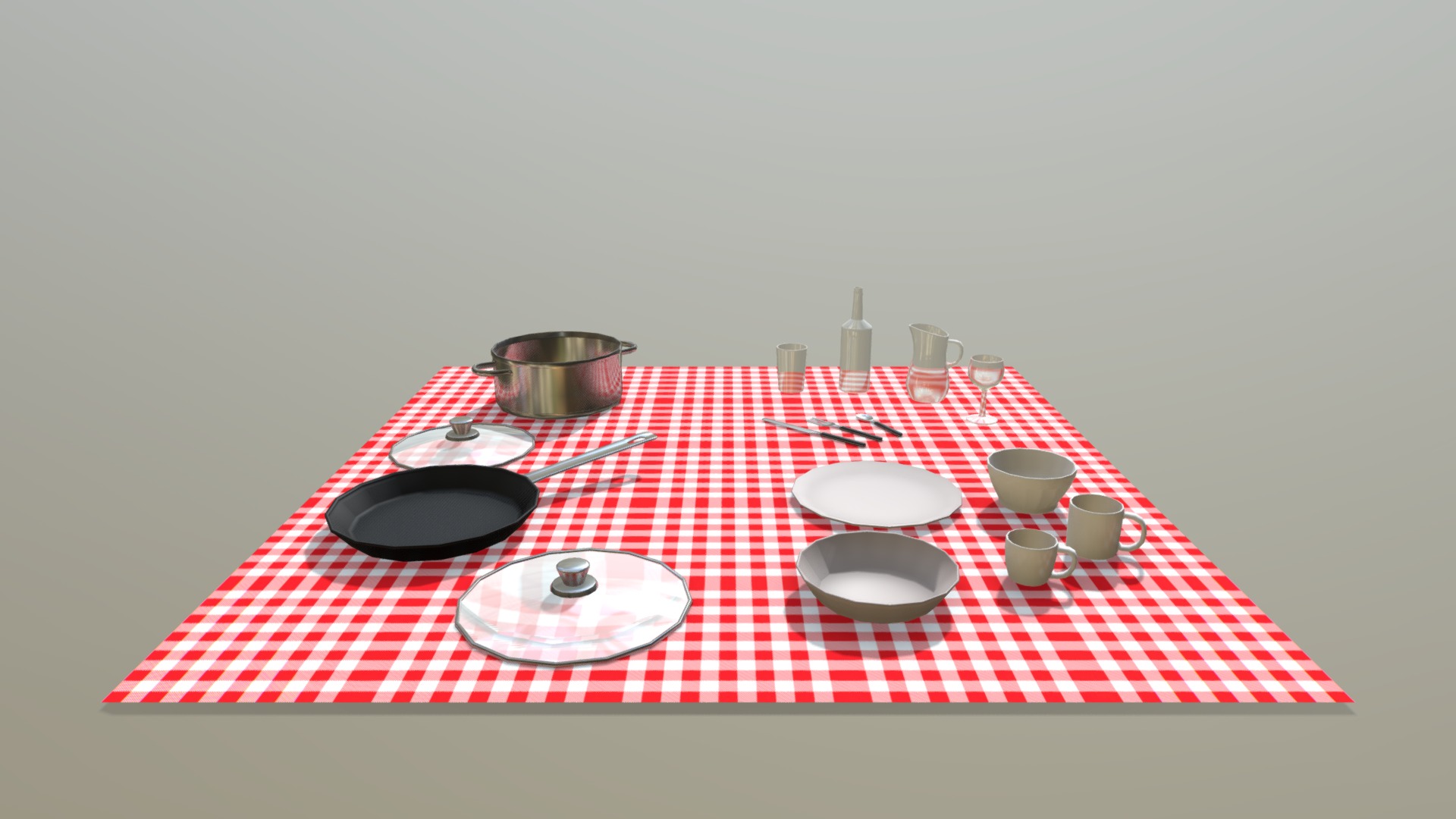 3D model Kitchen – set - This is a 3D model of the Kitchen - set. The 3D model is about a table with plates and glasses on it.