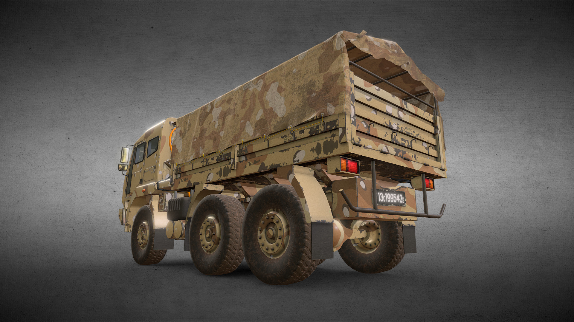 3D model 6×6 Military Truck Variation 3 +Rolled Tarpaulin - This is a 3D model of the 6x6 Military Truck Variation 3 +Rolled Tarpaulin. The 3D model is about a military vehicle on a grey surface.
