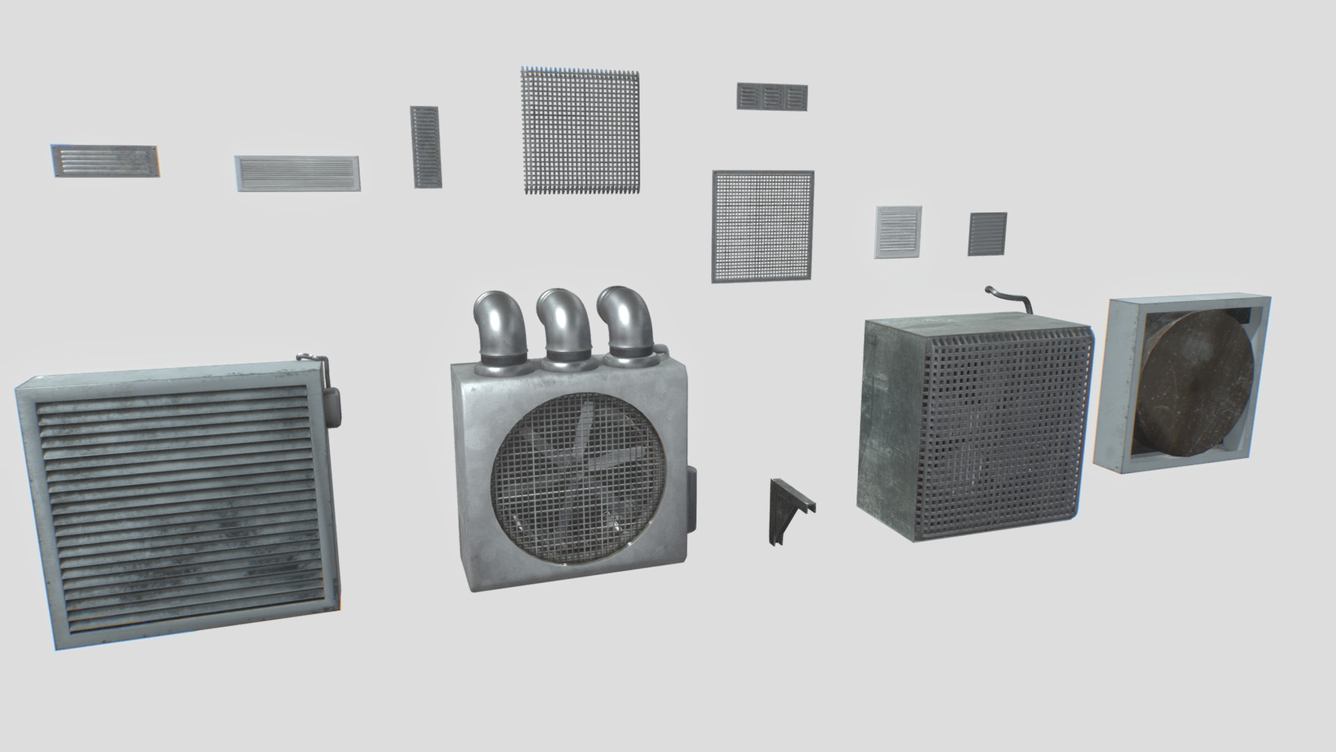 3D model Industrial Exhaust Fans and vents pack - This is a 3D model of the Industrial Exhaust Fans and vents pack. The 3D model is about a group of electronic devices.