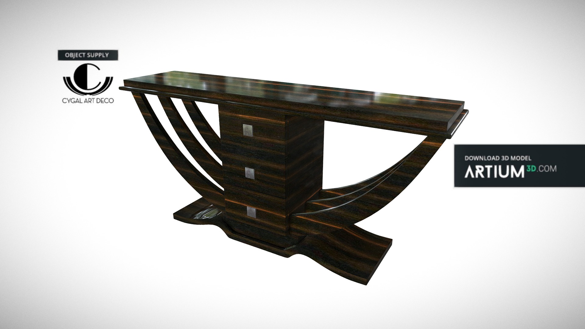 3D model Art Deco Console – Design by Cygal Art Deco - This is a 3D model of the Art Deco Console - Design by Cygal Art Deco. The 3D model is about a wood table with a logo.