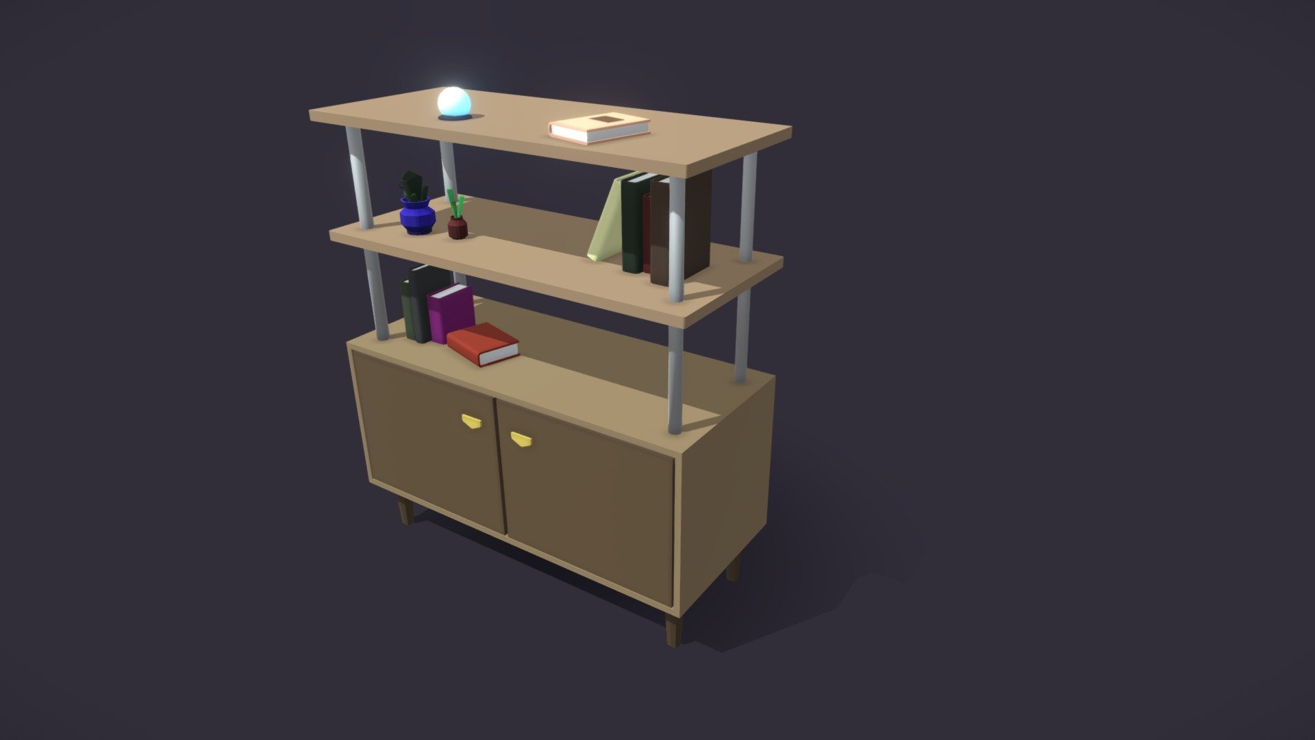 Low Poly Cupboard with books and plants