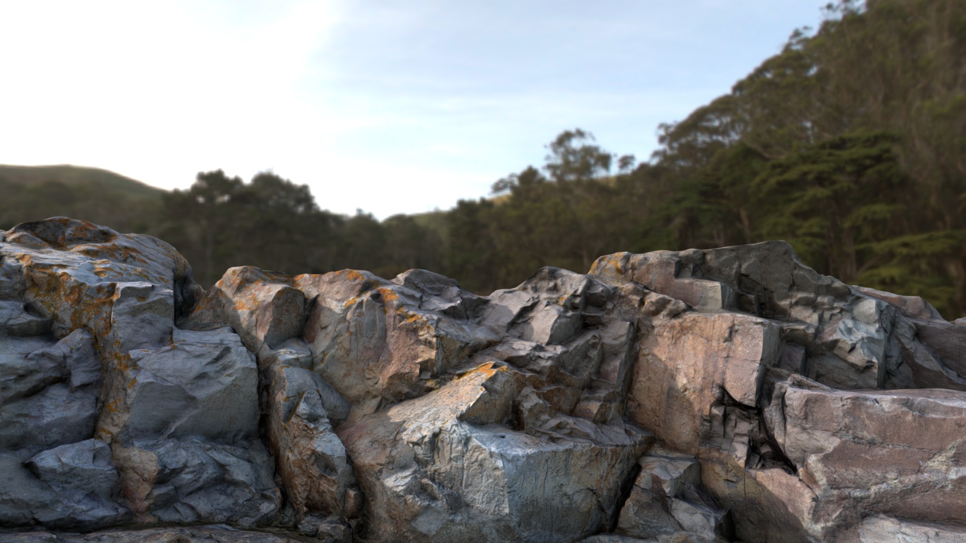 3D model Rock - This is a 3D model of the Rock. The 3D model is about a rocky area with trees in the background.